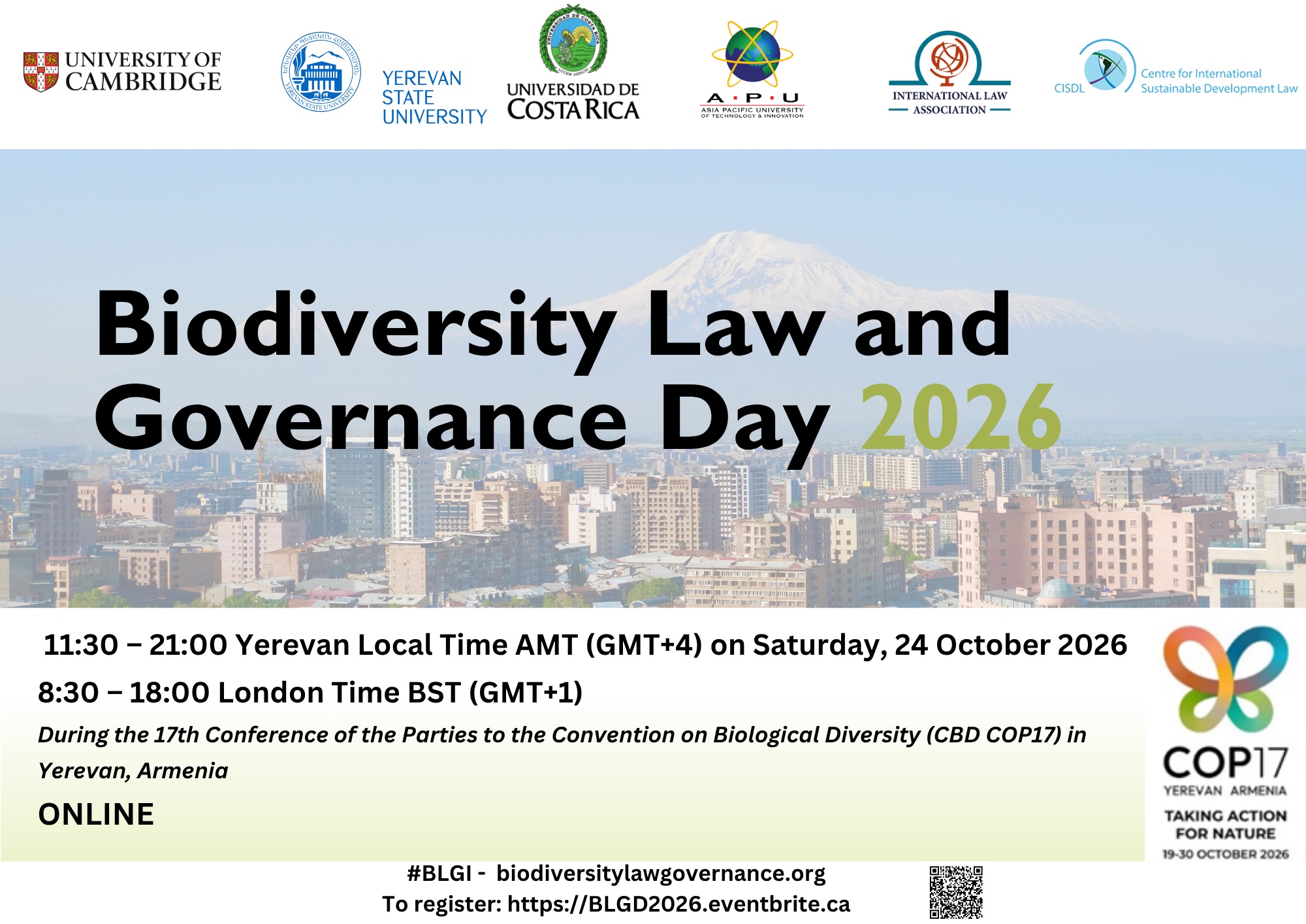 Poster Biodiversity Law and Governance Day 2026: 11:30–21:00 giờ Yerevan ngày 24/10/2026, trực tuyến, trong thời gian CBD COP17 tại Yerevan, Armenia